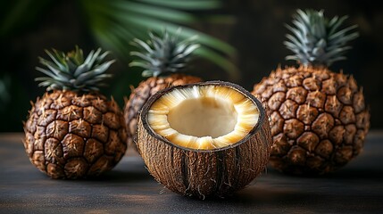 Halved Coconut Surrounded by Pineapples – Tropical Food Photography

