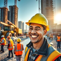 Re&iacute;rse con una persona que lleva casco. Sitio de construcci&oacute;n.