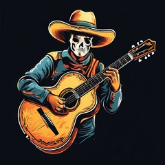 Obraz premium an AI Image Generator, Skeleton Mariachi Playing Acoustic Guitar in Festive