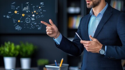 Professional male presenter standing in front of a digital interface sharing visionary business analytics charts and graphs to illustrate innovative strategies solutions