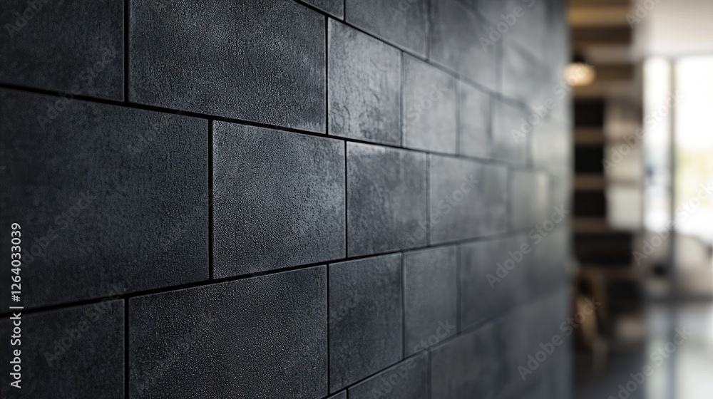 Poster a modern black brick wall with uniform rectangular tiles, creating a minimalistic and sleek industri