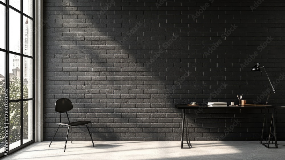 Poster a modern black brick wall with uniform rectangular tiles, creating a minimalistic and sleek industri