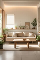 Fototapeta premium Minimalist Living Room With Neutral Tones And Plants
