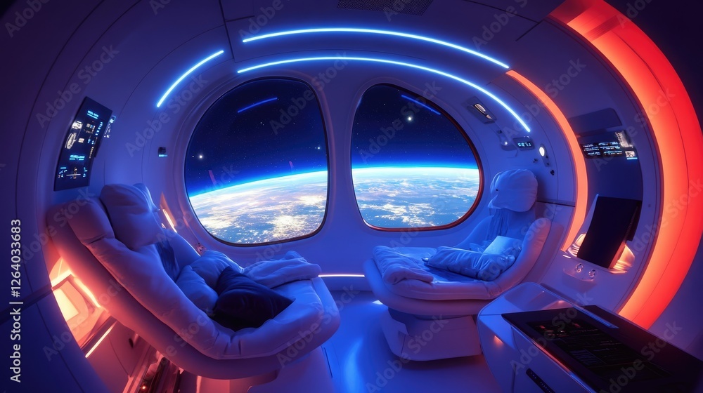 Aufkleber a modern white spaceship interior illuminated with blue and red lights, offering an incredible 3d vi