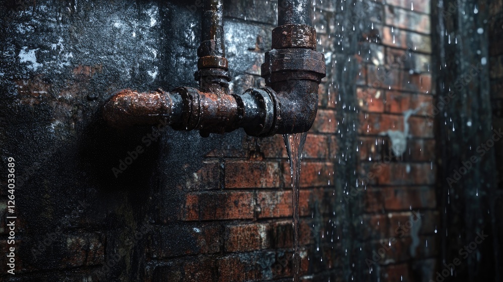 Poster a moody underground setting, showing a close-up of a pipe with water dripping, set against a texture