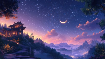 Naklejka premium A peaceful night sky with sparkling stars and a crescent moon, capturing the serenity and beauty of the celestial heavens in a calm, tranquil scene.