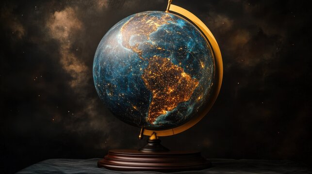 A modern celestial globe glowing with precision, highlighting the Americas under a blanket of stars