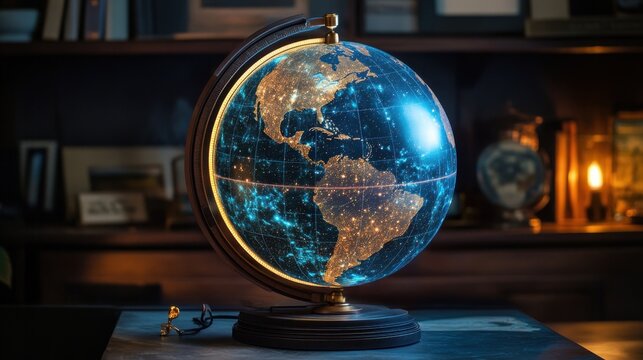 A modern celestial globe glowing with precision, highlighting the Americas under a blanket of stars