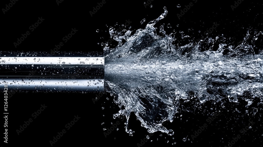 Poster a powerful image of a metallic pipe discharging water forcefully, with dramatic splashes illustratin