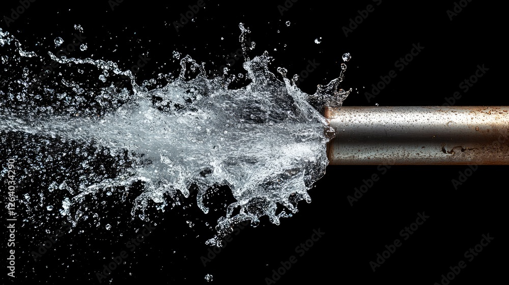 Poster a powerful image of a metallic pipe discharging water forcefully, with dramatic splashes illustratin