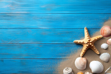 Beach scene concept travel summer backgrounds. Royalty high-quality free best stock of starfish, sea shells, sand on blue wooden background, copy space empty for design banner, poster, backdrop