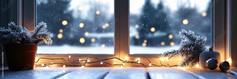 Fototapete Winter window view with decorations and softly falling snow during a cozy evening. Generative AI