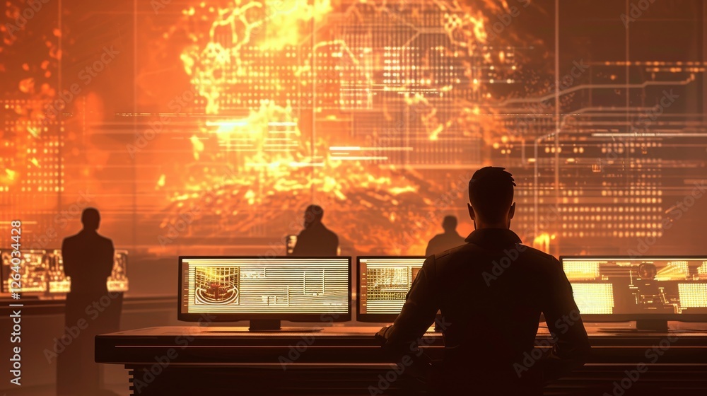 Poster a futuristic control room with multiple screens displaying a catastrophic cyber event. the glowing o