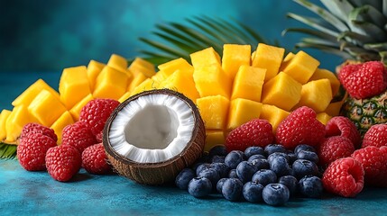 Colorful Tropical Fruit Display with Mango, Berries, and Halved Coconut on Blue Surface

