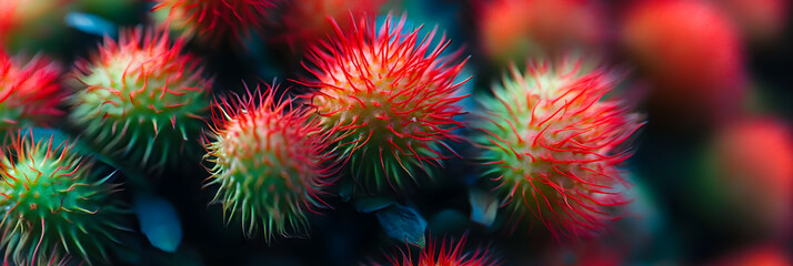 Luscious Cluster of Exotic, Ripe Rambutan Fruits with Vivid Red and Green Hairy Skins in Focus