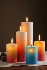 candles are lit on a table with pine cones and pine cones