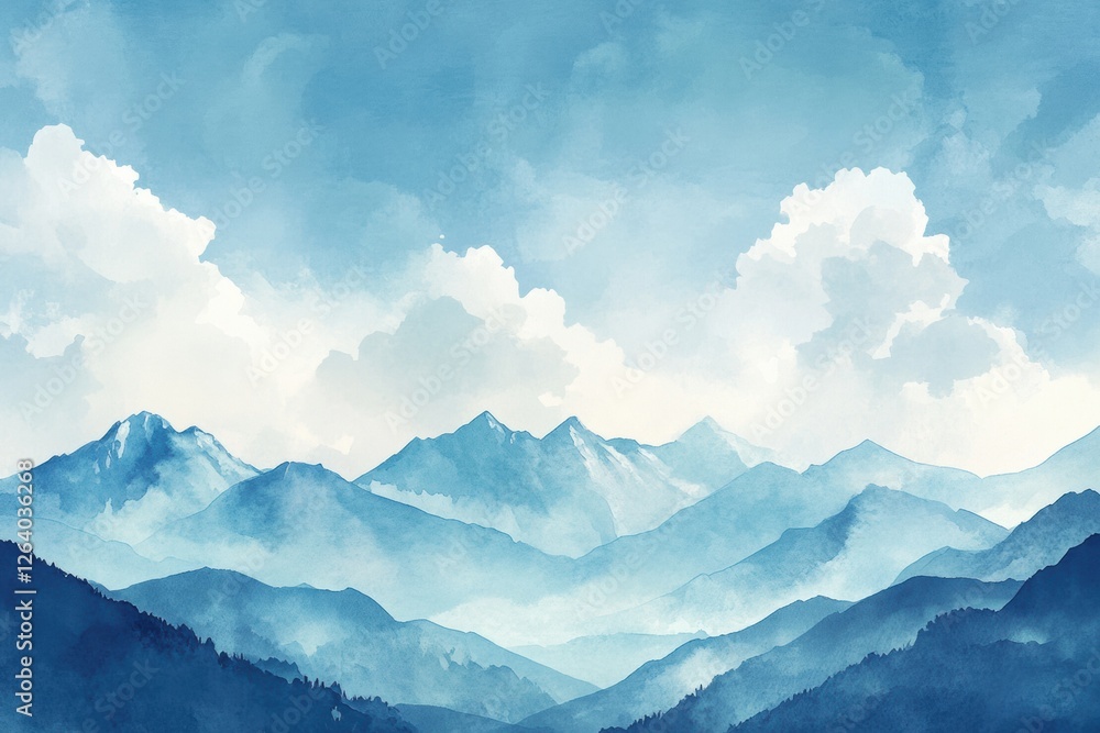 Poster mountain landscape featuring soft blue hues and rolling peaks under a sky with fluffy clouds during 