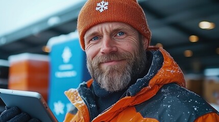 Portrait of a rugged bearded man wearing an orange winter jacket knit hat and other winter workwear holding some kind of technical equipment or device against a snowy cold outdoor environment