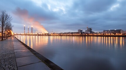 Obraz premium City riverbank twilight, industrial plant, reflections