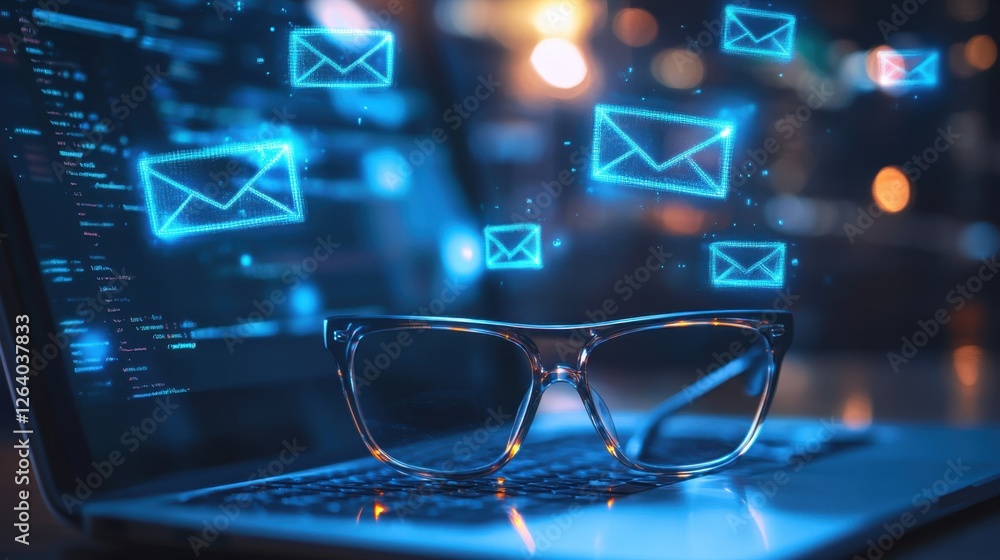 Poster a pair of glasses on a laptop with floating digital email icons above, creating a futuristic feel of