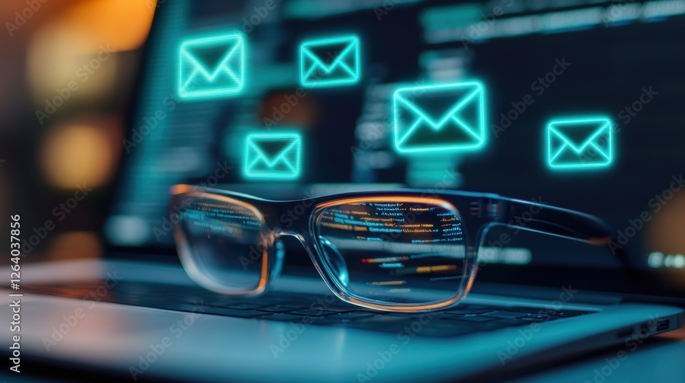 Aufkleber a pair of glasses on a laptop with floating digital email icons above, creating a futuristic feel of
