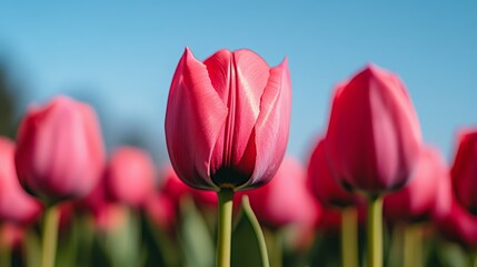 Fototapeta premium close up of pink tulip flowers on blue background with copy space.