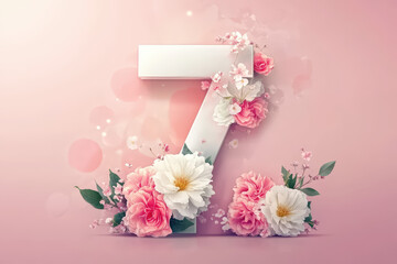 A beautifully designed number composed of delicate pink flowers, roses, and greenery on a soft pastel background, symbolizing elegance and creativity.