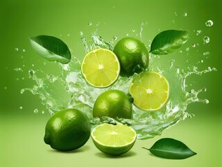 an AI Image Generator, Fresh Lime Fruits Splashing in Water