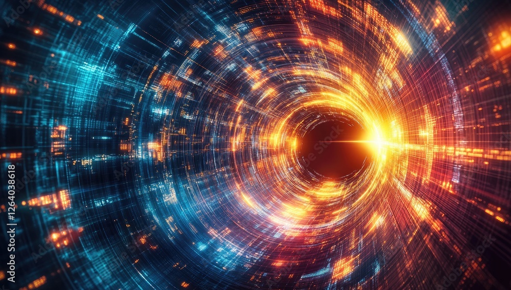 Poster digital tunnel vortex, data streams, glowing light, futuristic space