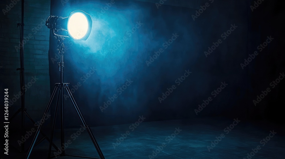 Poster a studio spotlight shining through the darkness, perfect for a movie set scene with ample copy space