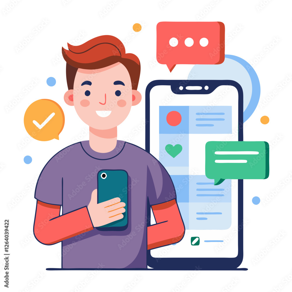 Poster a young individual stands with a smartphone in hand, smiling while engaging in an online conversatio