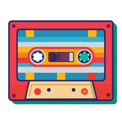 This artwork features a brightly colored music cassette tape showcasing a playful design with stripes and buttons. It represents the nostalgia of physical music formats