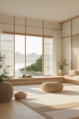Serene Minimalist Japanese Room With Lake View