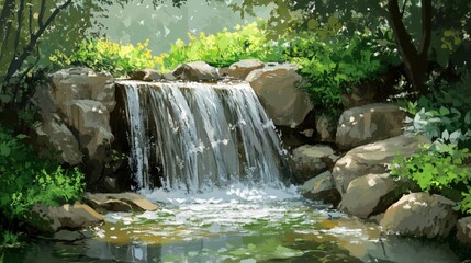 A peaceful waterfall flowing over smooth rocks, surrounded by lush, green vegetation, evoking a sense of calm and serenity.