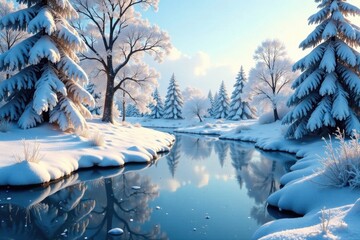 Winter wonderland scene with snow-covered trees, frosty pond, and sparkling ice, winter, snow, nature