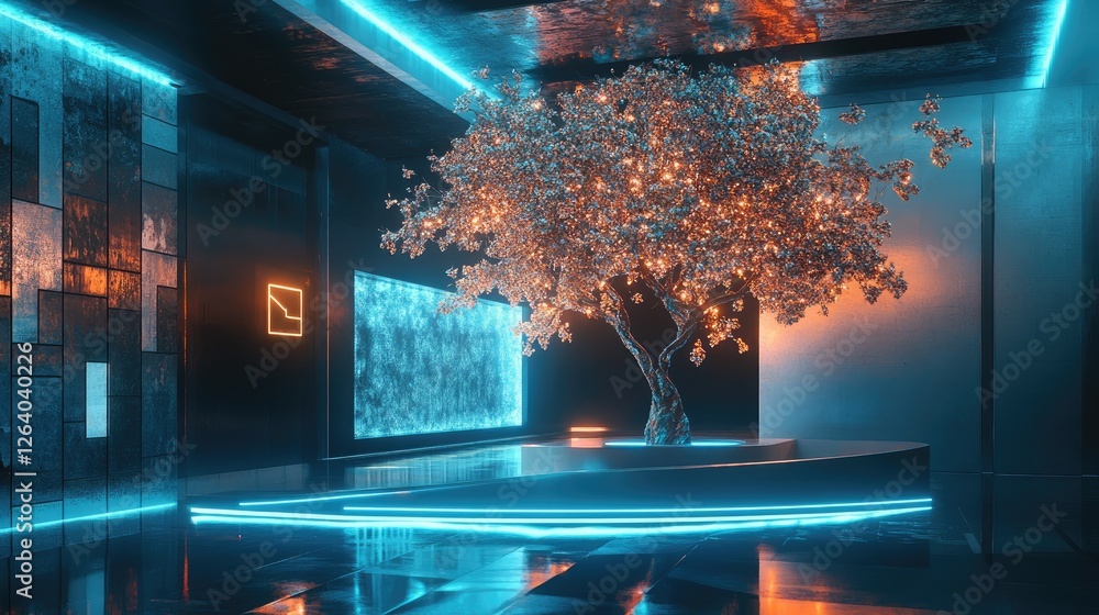 Poster a surreal 3d abstract metallic tree with glowing leaves stands in a minimalistic room, featuring fut