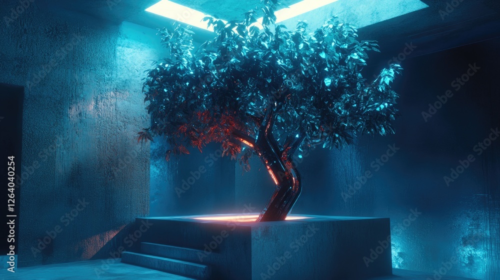 Poster a surreal 3d abstract metallic tree with glowing leaves stands in a minimalistic room, featuring fut