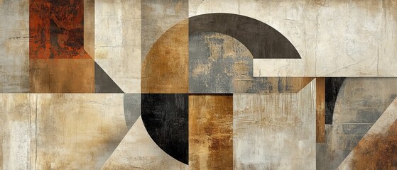 A modern abstract design showcasing bold geometric shapes in earthy hues of beige, brown, and gray, set against a textured backdrop for a sophisticated and artistic aesthetic.