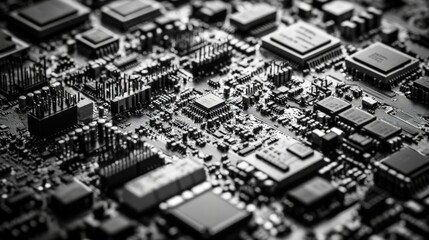 Close up view of an electronic circuit board displaying intricate details of microchips, capacitors, and resistors interconnected by conductive pathways in monochrome