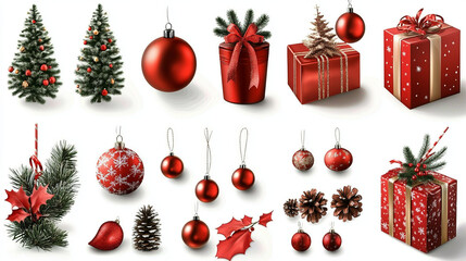 red christmas ornaments and gift boxes in festive holiday decor scene featuring realistic elements like red balls candy canes pine cones with gold ribbons in a snow-frosted christmas setting