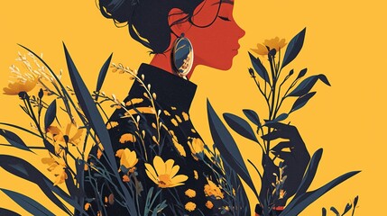 Woman smelling flowers with yellow backdrop