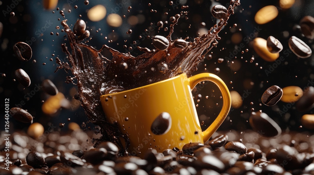 Poster a vibrant and dynamic composition of coffee beans floating through the air, splashing dark coffee fr