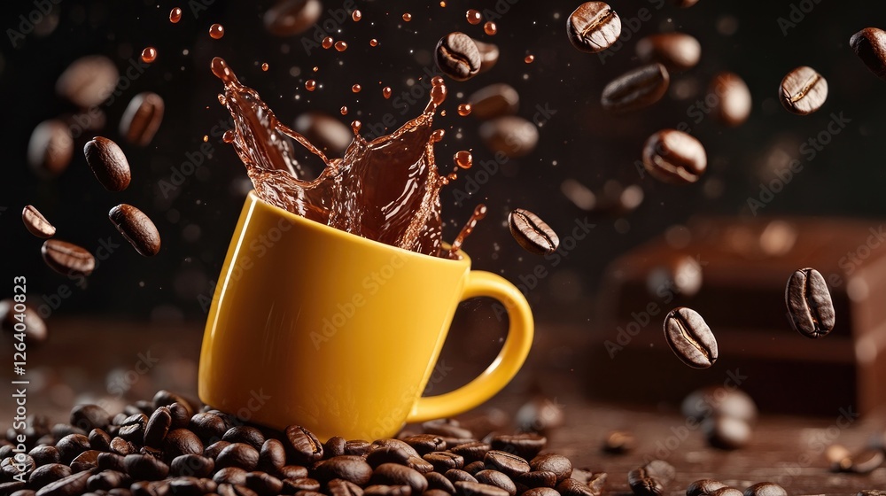 Poster a vibrant and dynamic composition of coffee beans floating through the air, splashing dark coffee fr