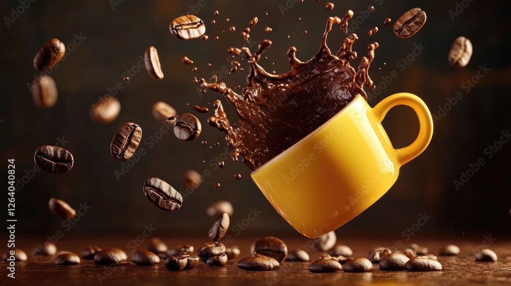Poster A vibrant and dynamic composition of coffee beans floating through the air, splashing dark coffee from a yellow mug on a deep chocolate background.