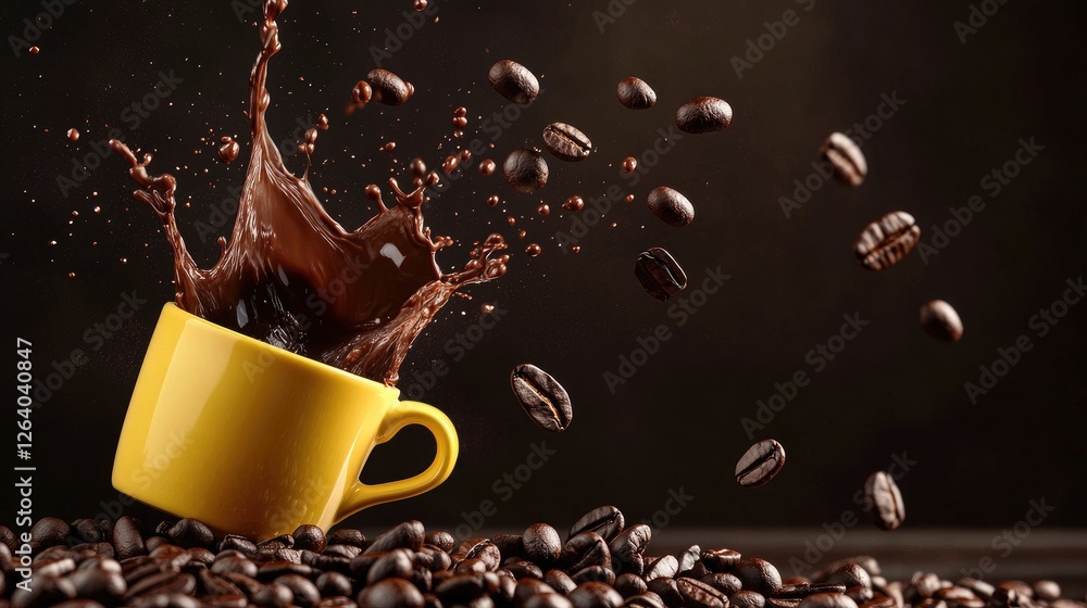 Aufkleber a vibrant and dynamic composition of coffee beans floating through the air, splashing dark coffee fr