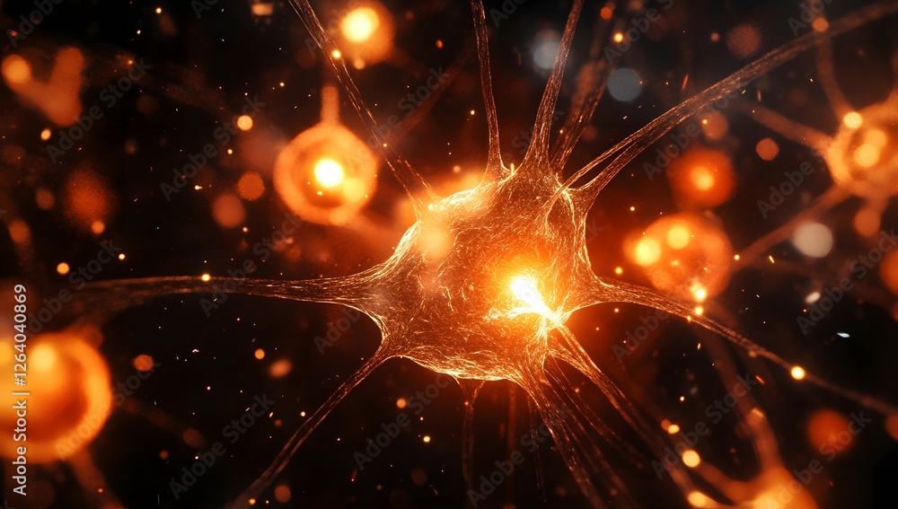 Poster neural network, active synapses, dark background, energy flow