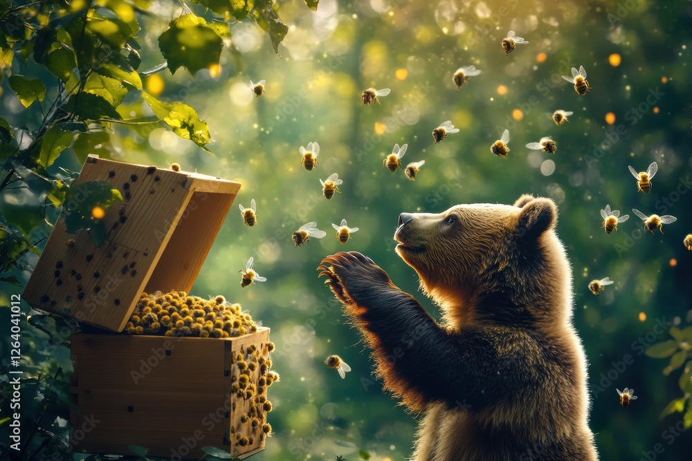 Poster young bear curiously reaching towards a swarm of bees near a beehive in a lush forest during dayligh