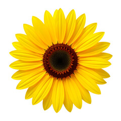 Fototapeta premium Radiant sunflower blossom with vibrant yellow petals and a dark brown center isolated on a white background.