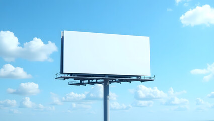 Blank billboard stands tall against a bright blue sky dotted with fluffy white clouds, perfect for advertising.