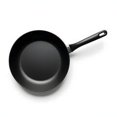 Sleek black frying pan with a long handle on a white background. Essential kitchenware for cooking.